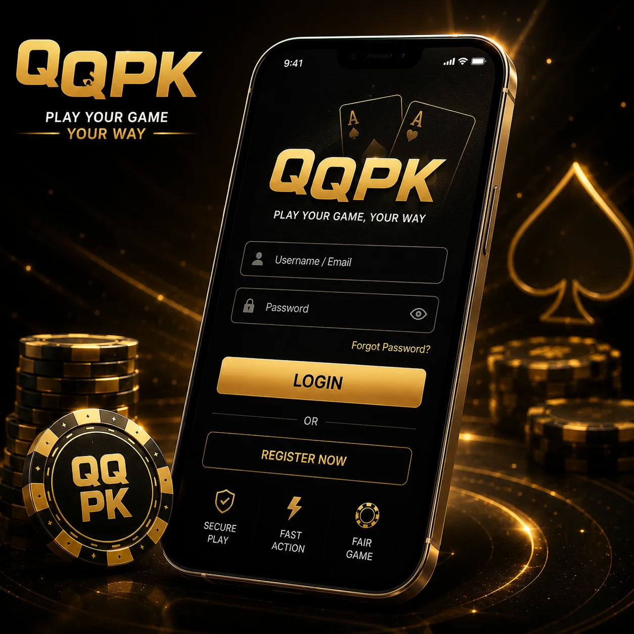 QQPK mobile login screen with secure account access.
