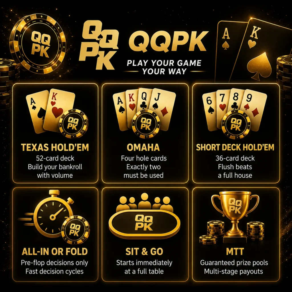 QQPK poker game variants including Texas Hold'em, Omaha and MTT.