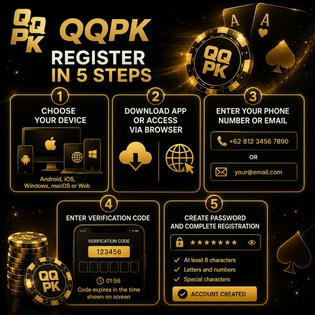 QQPK account registration steps on mobile and desktop.